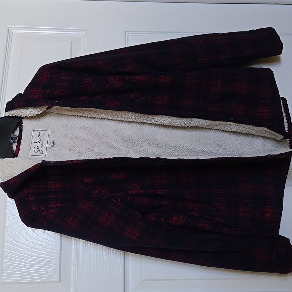 Soho Threads Plaid Button Down Shirt/Jacket with Hood - Picture 3 of 7